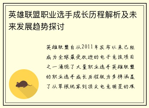 英雄联盟职业选手成长历程解析及未来发展趋势探讨
