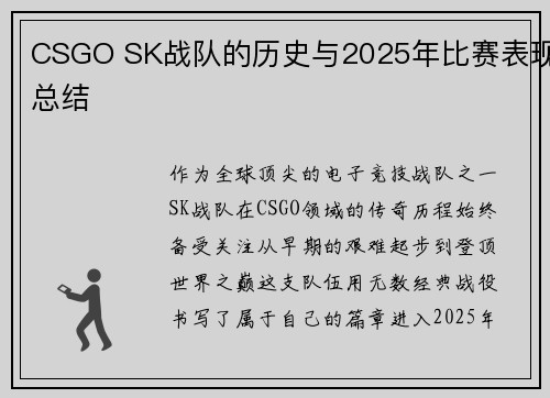 CSGO SK战队的历史与2025年比赛表现总结